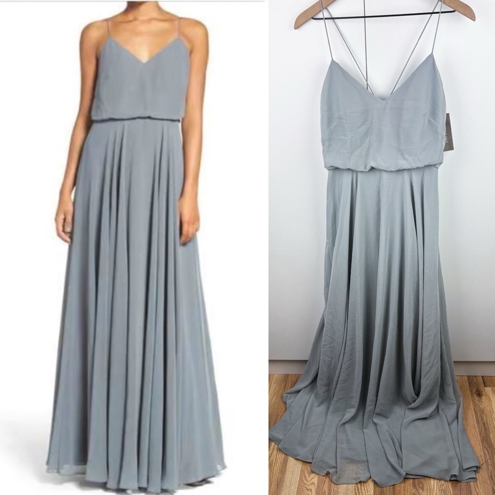 Jenny Yoo Inesse Dress Gown Mineral Luxe Chiffon Slate Blue Grey NEW 6 BHLDN